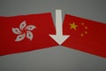 A flag of Hong Kong and one of China, with a white arrow, which separates