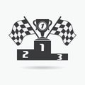 Flag icon. Checkered or racing flags first place prize cup and winners podium. Sport auto, speed and success, competition and winn