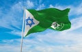 flag of IDF Military Intelligence Directorate , Israel at cloudy sky background on sunset, panoramic view. Israeli travel and