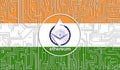 flag of India and ethereum coin, Integrated Circuit Board pattern. Ethereum Stock Growth. Conceptual image for investors in