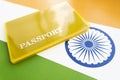 Flag of India with passport. Travel visa and citizenship concept. residence permit in the country. a yellow document Royalty Free Stock Photo