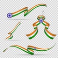 Flag of India. 15th of August. Blue Ashoka wheel. Chakra. Set of realistic wavy ribbons in colors of indian flag on
