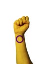 Flag of Intersex Pride painted on human fist. Strength, power, concept of conflict. Raised fist