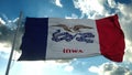 Flag of Iowa waving in the wind against deep beautiful clouds sky. 3d rendering Royalty Free Stock Photo