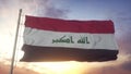 Flag of The Iraq waving in the wind, sky and sun background. 3d rendering Royalty Free Stock Photo