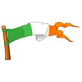 Flag of Ireland on Flagstaff. Cartoon sticker with contour. Decoration for greeting cards, posters, patches, prints for