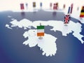 Flag of Ireland in focus among other European countries flags. Europe marked with table flags 3d rendering