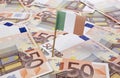 Flag of Ireland sticking in 50 Euro banknotes.(series)