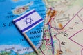Flag of Israel close-up on the map. The capital Jerusalem. Close-up of the world map. Israel Royalty Free Stock Photo