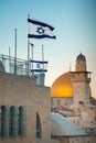 Flag of Israel. Dome of the Rock in the old city of Jerusalem, Israel. Royalty Free Stock Photo