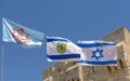 Flag of Israel, the IDF and the city of Jerusalem The old streets and houses of the ancient city of Jerusalem Royalty Free Stock Photo