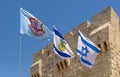 Flag of Israel, the IDF and the city of Jerusalem The old streets and houses of the ancient city of Jerusalem Royalty Free Stock Photo