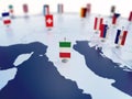 Flag of Italy in focus among other European countries flags. Europe marked with table flags 3d rendering Royalty Free Stock Photo