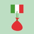 Flag of Italy with heavy burden - metaphor of italian state, country, nation and debt, being indebted, liability.