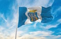 flag of Ivano-Frankivsk , Ukraine at cloudy sky background on sunset, panoramic view. Ukrainian travel and patriot concept. copy