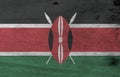 Grunge Kenyan flag texture, black white red and green with two crossed white spears behind a red, and black Maasai shield.