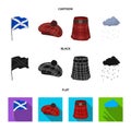 Flag, kilt, rainy weather, cap.Scotland country set collection icons in cartoon,black,flat style vector symbol stock Royalty Free Stock Photo