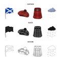 Flag, kilt, rainy weather, cap.Scotland country set collection icons in cartoon,black,outline style vector symbol stock Royalty Free Stock Photo