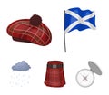 Flag, kilt, rainy weather, cap.Scotland country set collection icons in cartoon style vector symbol stock illustration Royalty Free Stock Photo