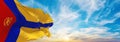 flag of Kropyvnytskyi , Ukraine at cloudy sky background on sunset, panoramic view. Ukrainian travel and patriot concept. copy