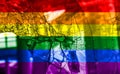 Flag LGBT community pride on a broken glass background. Raimbow gay culture symbol. Concept collage