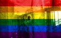 Flag LGBT community pride on a broken glass background. Raimbow gay culture symbol. Concept collage