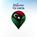 Flag of Libya in shape of map pointer or marker. Welcome to Libya. Vector illustration.