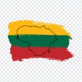 Flag of Lithuania from brush strokes and Blank map of Lithuania. High quality map Republic of Lithuania and national flag on tran