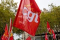 Flag with the logo of the French trade union CGT shot close-up during a demonstration in Paris, France