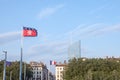 Flag of Lyon waiving in front of Tour Incity tower, a business symbol of the city and the highest skyscraper high rise building Royalty Free Stock Photo