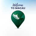 Flag of Macau in shape of map pointer or marker. Welcome to Macau. Vector illustration. Royalty Free Stock Photo