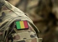 Flag of Mali on military uniform. Army, troops, soldiers. Collage