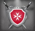 Flag of Malta. Version with Maltese Cross. The Shield with National Flag. Two Crossed Swords. Medieval Background Royalty Free Stock Photo