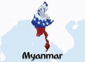 Flag Map of Myanmar. 3D rendering Myanmar map and flag on Asia map. The national symbol of Myanmar. Burma flag map background Royalty Free Stock Photo