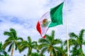 Against the backdrop of palm trees and blue sky Mexico flag. Royalty Free Stock Photo