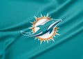 Flag Miami Dolphins, flag of American football team Miami Dolphins, fabric flag Miami Dolphins, 3D work and 3D image. Yerevan,