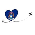 Flag Michigan Love Romantic travel Airplane air plane Aircraft Aeroplane flying fly jet airline line path vector fun Royalty Free Stock Photo