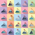 Flag on mountain icons set flat vector. Career goal Royalty Free Stock Photo