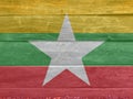 Flag of Myanmar on wooden wall background. Grunge Myanmarese flag texture.