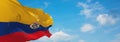 flag of Naval Ensign , Colombia at cloudy sky background on sunset, panoramic view. Colombian travel and patriot concept. copy