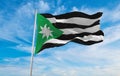 flag of Nenthead village at cloudy sky background on sunset, panoramic view. united kingdom of great Britain, England. copy space