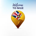 Flag of Niue in shape of map pointer or marker. Welcome to Niue. Vector illustration. Royalty Free Stock Photo
