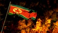 flag of North Korea on burning fire backdrop - hard times concept - abstract 3D illustration Royalty Free Stock Photo