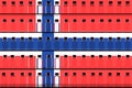 Flag of Norway and multiple vaccine vials. Vaccination concept. 3D rendering