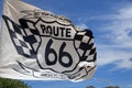 Flag on old Patrol Station along the historic Route 66 in Hackberry. Arizona