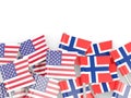 Flag pins of USA and Norway on white