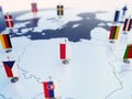 Flag of Poland in focus among other European countries flags. Europe marked with table flags 3d rendering