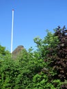 Flag pole and thatched roof