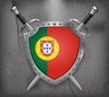 Flag of Portugal. The Shield with National Flag. Two Crossed Swords. Medieval Background