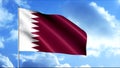 Flag of Qatar against background of clouds floating on the blue sky. Motion. Abstract vinous Qatar flag, seamless loop.